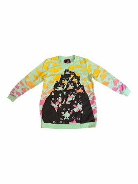 Mint Green Cat-Graphic Sweatshirt with Yellow & Pink Accents